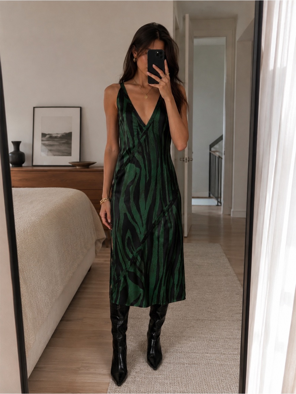 Rebecca Minkoff Camilla Studded Maxi Dress Watercolor Zebra Green Black Size 4